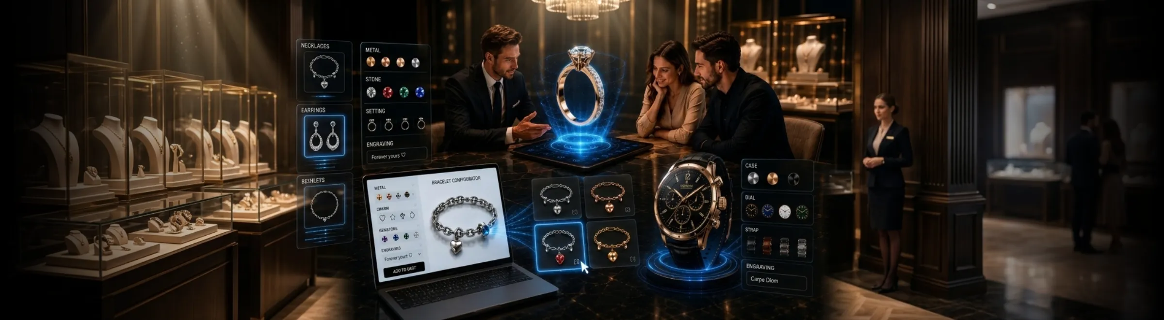 Interactive 3D jewelry configurator allowing customers to customize rings, bracelets, watches, and accessories in real time with personalized materials, gemstones, and engravings.