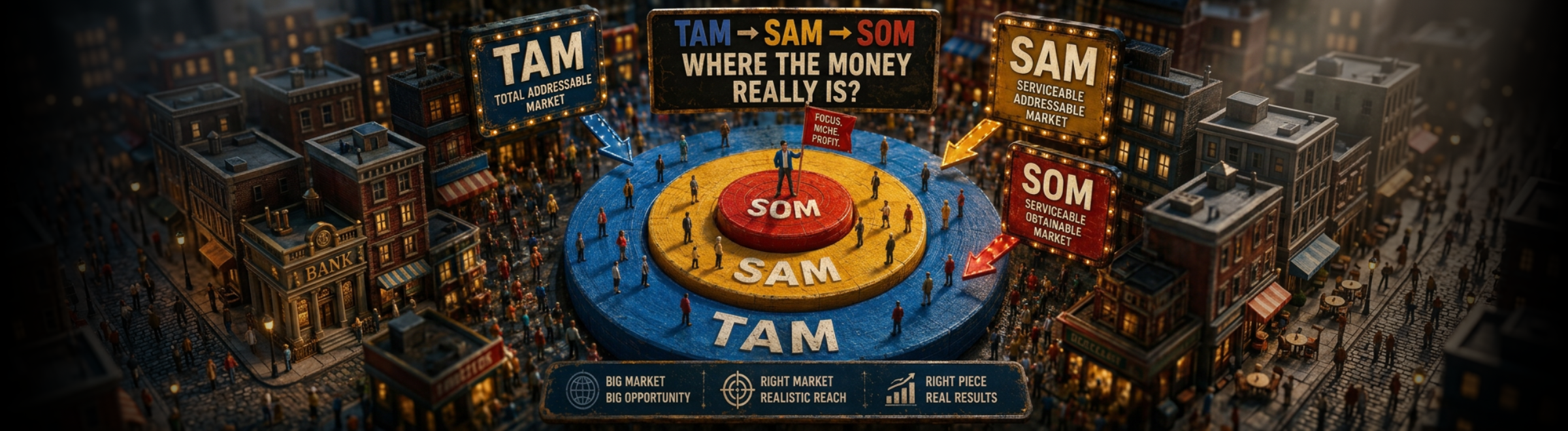 TAM, SAM and SOM visualized: three nested market sizing metrics showing total addressable market, serviceable market and realistically obtainable share — illustrated with a real USDT TRON blockchain case study.