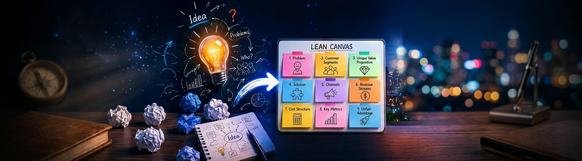 Lean Canvas in practice: a one-page business model framework with 9 key blocks — problem, customer segments, unique value proposition, solution, channels, revenue streams, cost structure, key metrics, and unfair advantage.