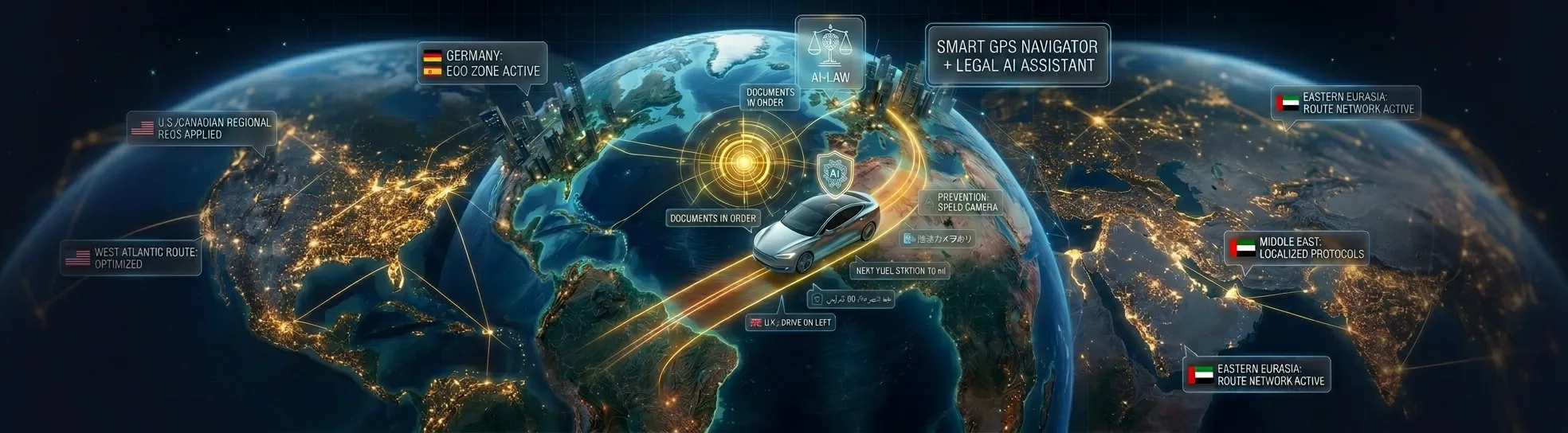 LawDrive AI in action: voice-controlled navigation, automatic dashcam recording of key road events, and real-time legal guidance during police stops — all in one device.